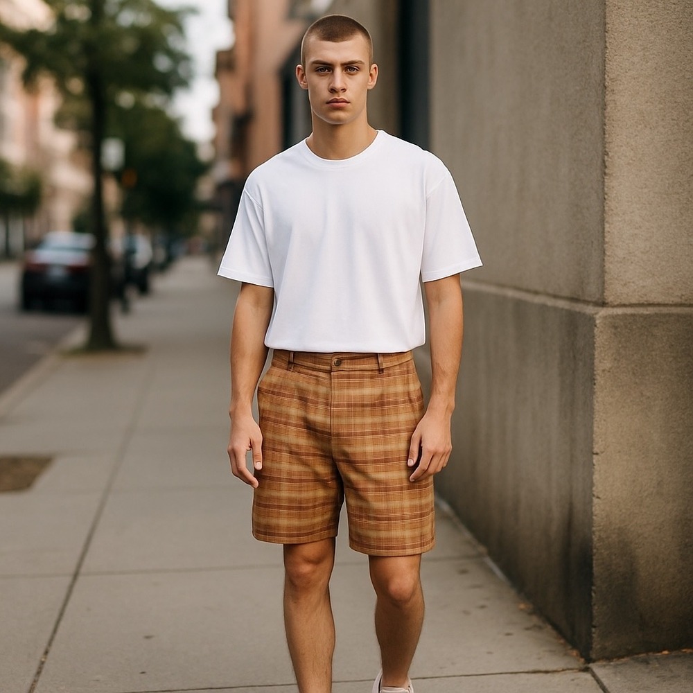 Columbia Plaid Shorts Flat Front Casual Outdoor Tan Brown Mens Size 34